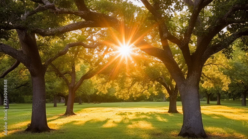 Warm sunlight streaming through the trees in a tranquil forest, creating a serene and picturesque landscape at sunset. Warm sunlight streaming through the trees in a tranquil forest, creating a serene and picturesque landscape at sunset.