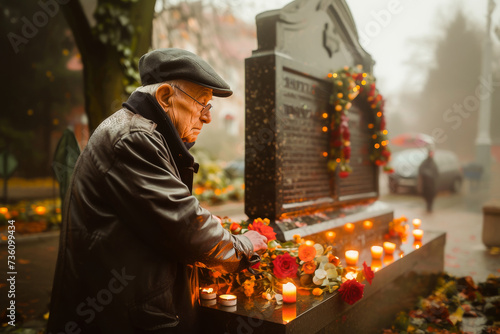 A senior man pays tribute to a memorial with lit candles, demonstrating respect and remembrance.