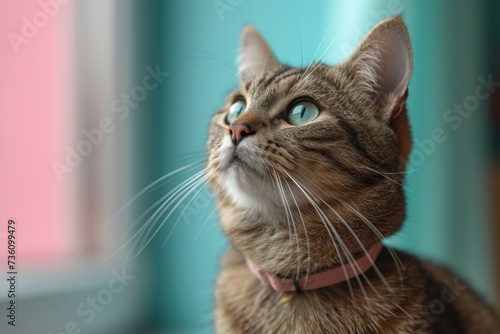 A detailed view of a domestic cat wearing a pink collar. photo