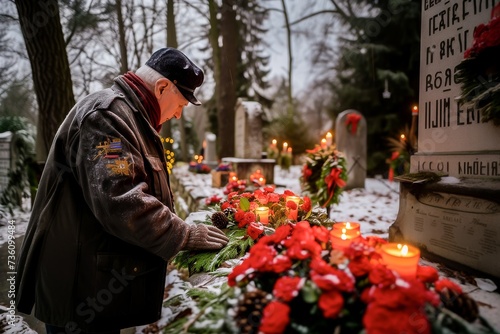 A solemn elderly veteran pays tribute at a snow-covered grave with red flower wreaths and candles. © apratim