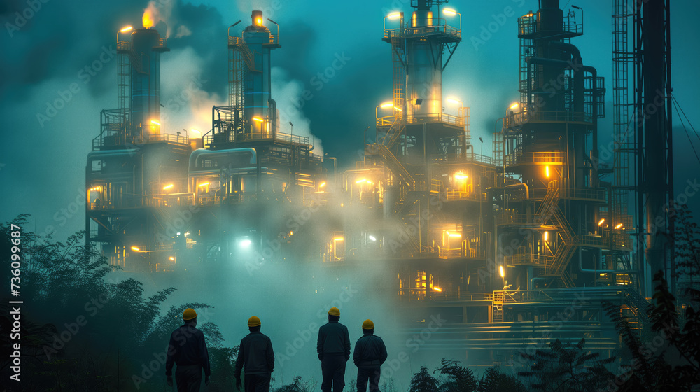 Engineers in protective uniforms and hard hats look at a detailed oil refinery at night. Industry work concept