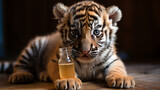 Tiger cub suck milk from bottle.