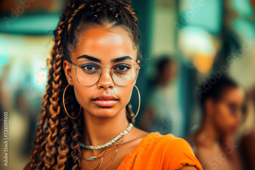 Portrait of a fashionable young woman with braids and stylish glasses on an urban background.