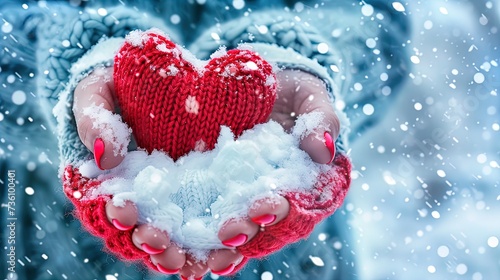a woman is holding a red heart in her hands covered in snow