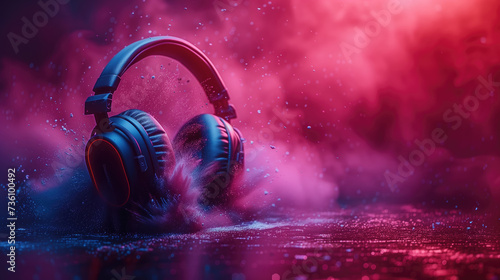Musical headphones against a background of bright smoke. Minimalistic musical idea. Music Day, banner. photo