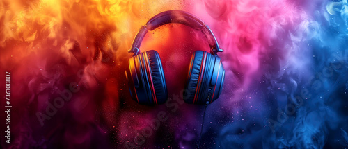 Musical headphones against a background of bright smoke. Minimalistic musical idea. Music Day, banner.