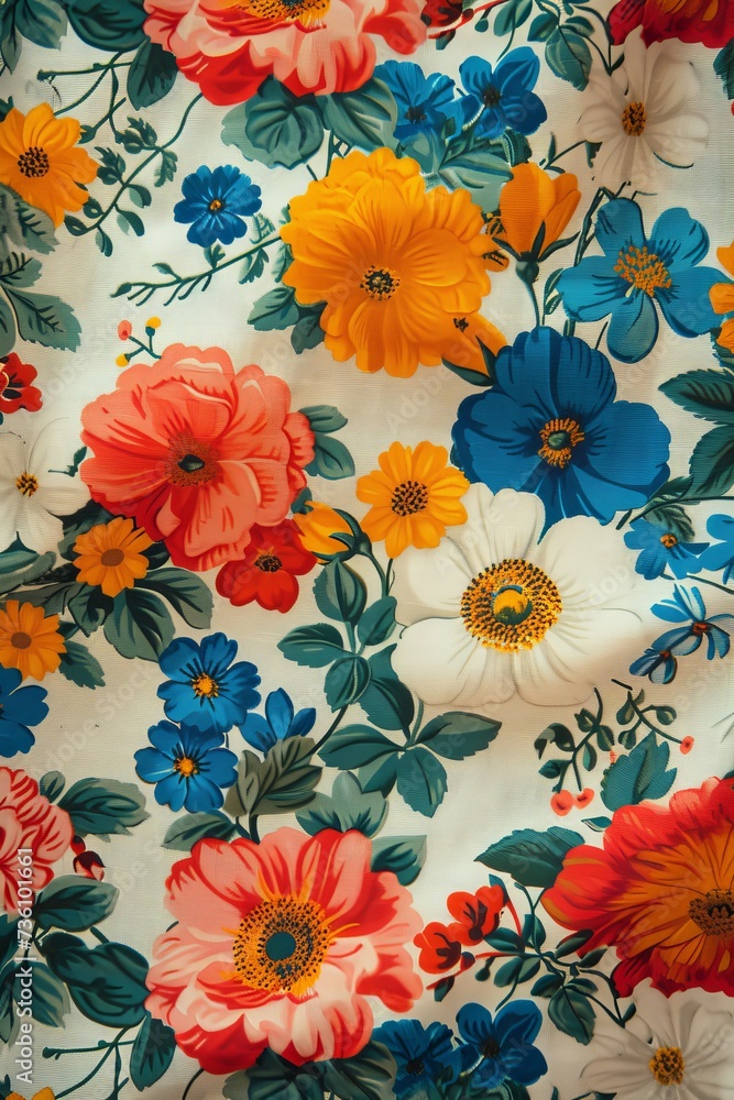 A detailed view of a vibrant fabric featuring an array of colorful flowers.