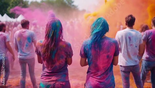 picture of young friends with colorful paint on clothes bodies having fun together at holi © Anna