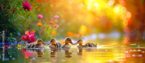 Two cute ducks swimming gracefully in a serene pond surrounded by vibrant flowers photo