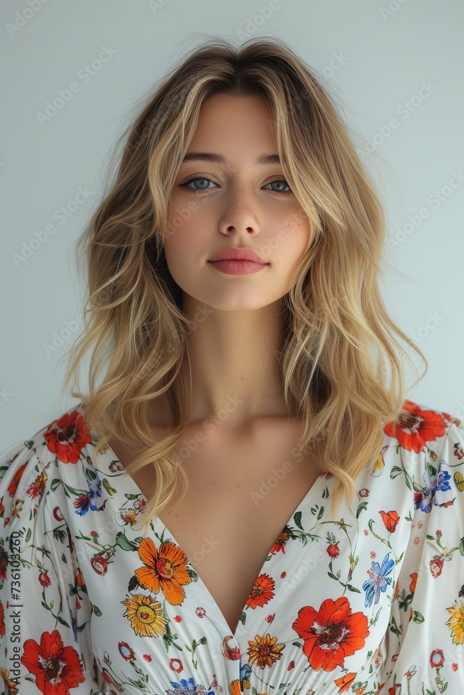 A young woman with wavy, shoulder-length blonde hair and a white floral dress exudes a calm and serene presence against a soft gray background. A young woman with wavy, shoulder-length blonde hair and a white floral dress exudes a calm and serene presence against a soft gray background.