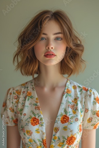 A woman with short hair is captured wearing a vibrant floral shirt.