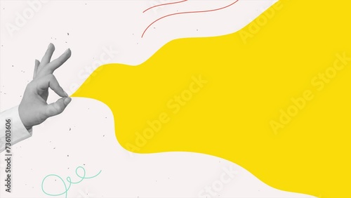 A hand holds a yellow space with a place for a text. Animation in a modern collage style photo