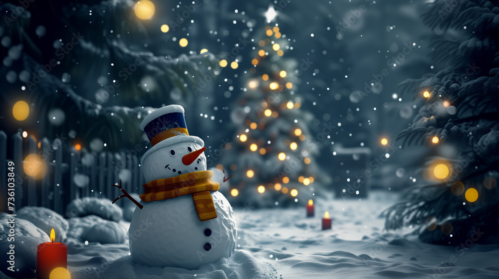 Obraz premium Little snowman in a snow-covered village in the middle of winter