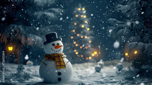 A cute little snowman wearing a checked scarf in a snow-covered village in the middle of winter.
