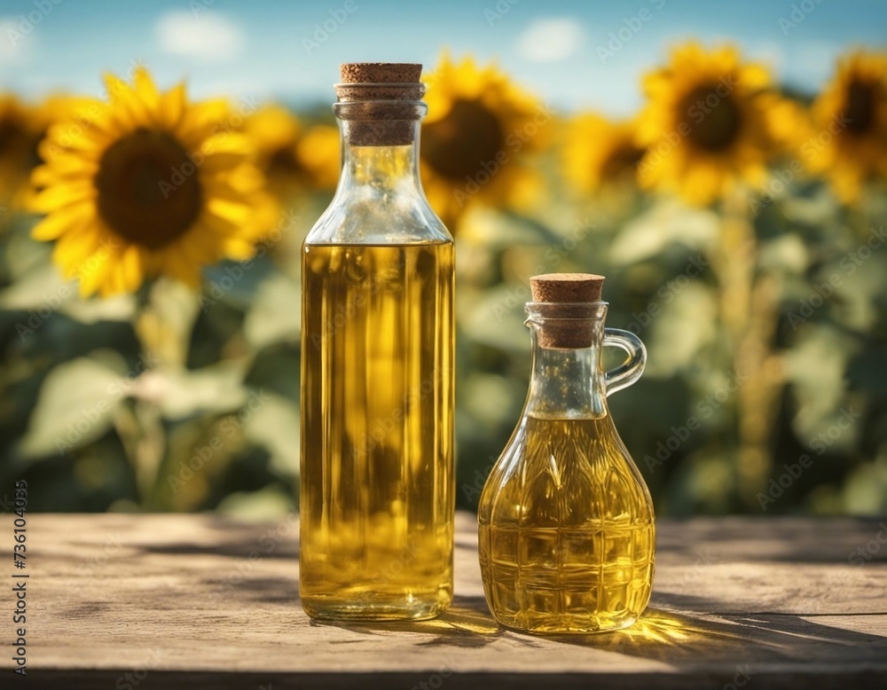 Bottles of Olive Oil on Wooden Table with Sunflowers
Bottles of Olive Oil on Wooden Table with Sunflowers
