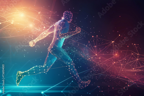 An abstract conceptual depiction of a male athlete runner emerges from interconnected lines and dots capturing the sprinter running in motion, stock illustration image © Tony Baggett