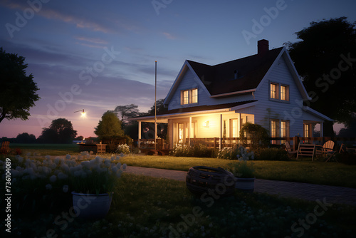 Beautiful house in the countryside at night with a full moon.