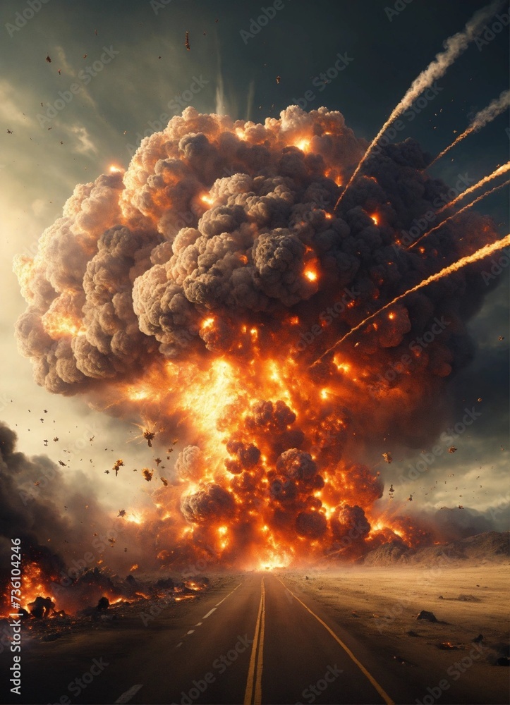 a mass explosion on earth that destroys all of humanity, scary, massive explosion, humans running away from it
 - obrazy, fototapety, plakaty 