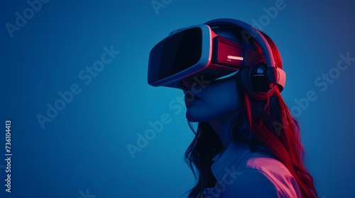 Woman Wearing Virtual Reality Headset on Blue Background