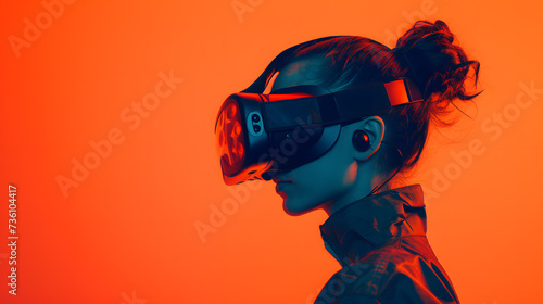Woman Wearing Virtual Reality Headset in Front of Orange Background