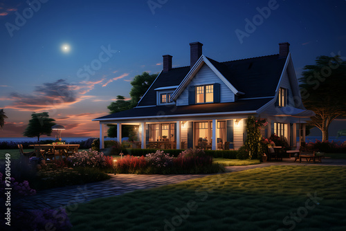 Beautiful house in the countryside at night with a full moon.