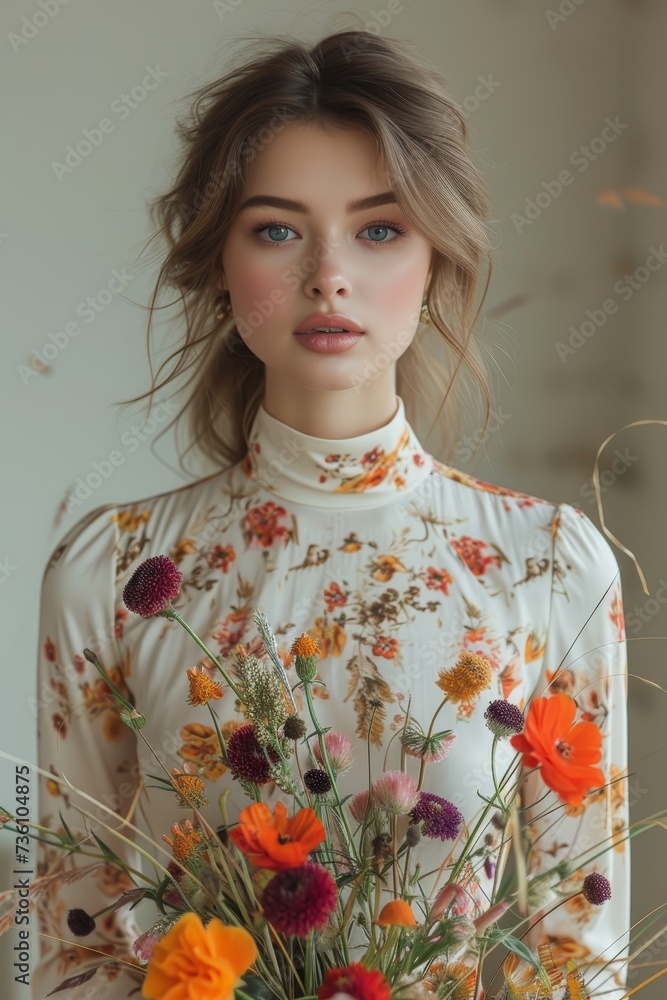 A woman elegantly holds a bouquet of colorful flowers in her hands, showcasing their vibrant beauty. A woman elegantly holds a bouquet of colorful flowers in her hands, showcasing their vibrant beauty.