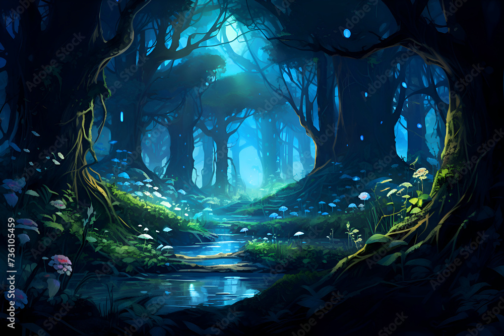 Fantasy dark forest at night. 3D rendering. Digital painting.