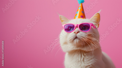 White Cat With Party Hat and Sunglasses