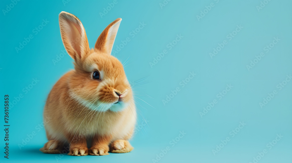 Brown Rabbit Sitting on Blue Background