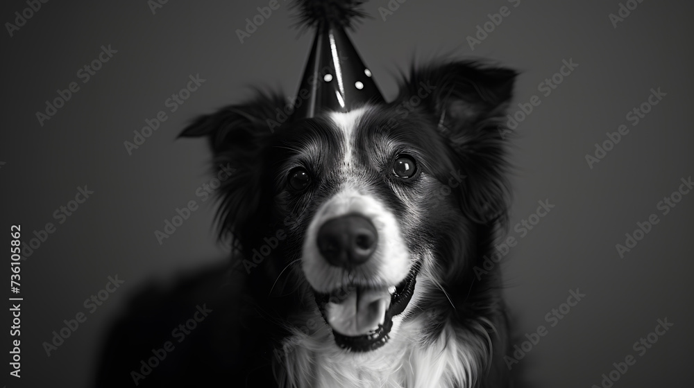 Smiling Black and White Dog Wearing Party Hat