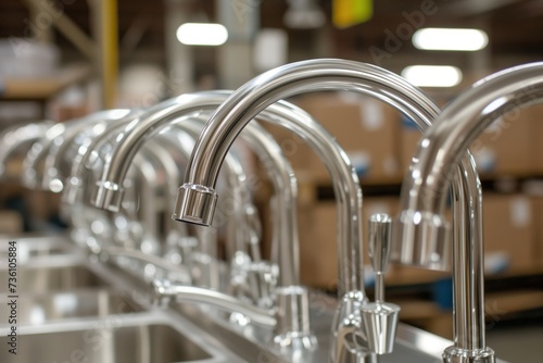 stainless steel commercial faucets arranged in warehouse