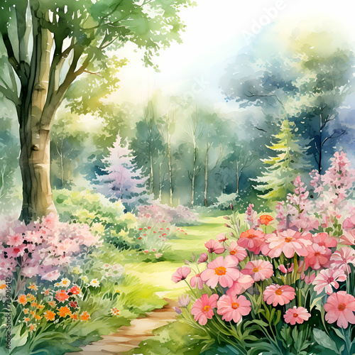 Beautiful spring landscape with flowers and trees. Watercolor illustration.