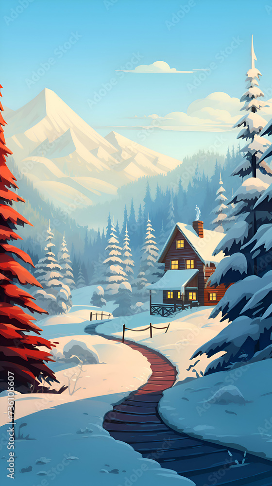 Winter mountain landscape with fir trees. road and wooden house.  illustration.