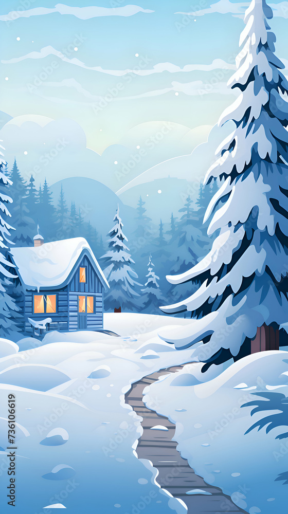 Fototapeta premium Winter landscape with wooden house and snowdrifts. illustration.