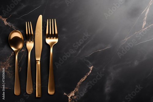 Empty black plate with golden cutlery on black marble background. photo