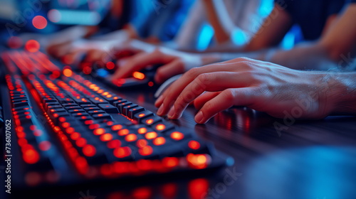 Multiple hands are shown typing on backlit keyboards in a dark room, highlighting technology and teamwork.