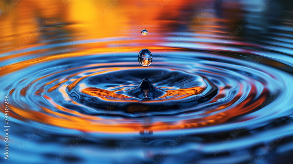 A water droplet creates a perfect ripple on water with sunset colors reflecting, symbolizing calmness and purity. A water droplet creates a perfect ripple on water with sunset colors reflecting, symbolizing calmness and purity.