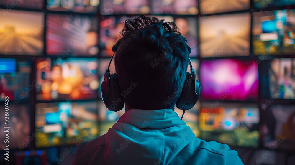 Person Wearing Headphones in Front of Wall of TV Screens