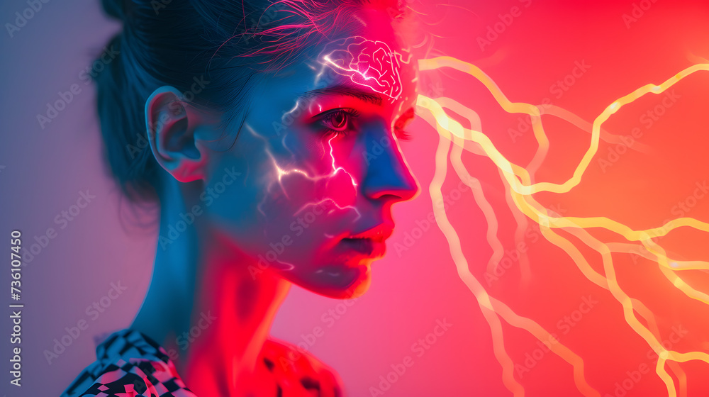 Womans Face Illuminated by Neon Lights