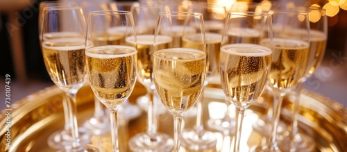 Elegant tray with sparkling champagne glasses for celebration toast