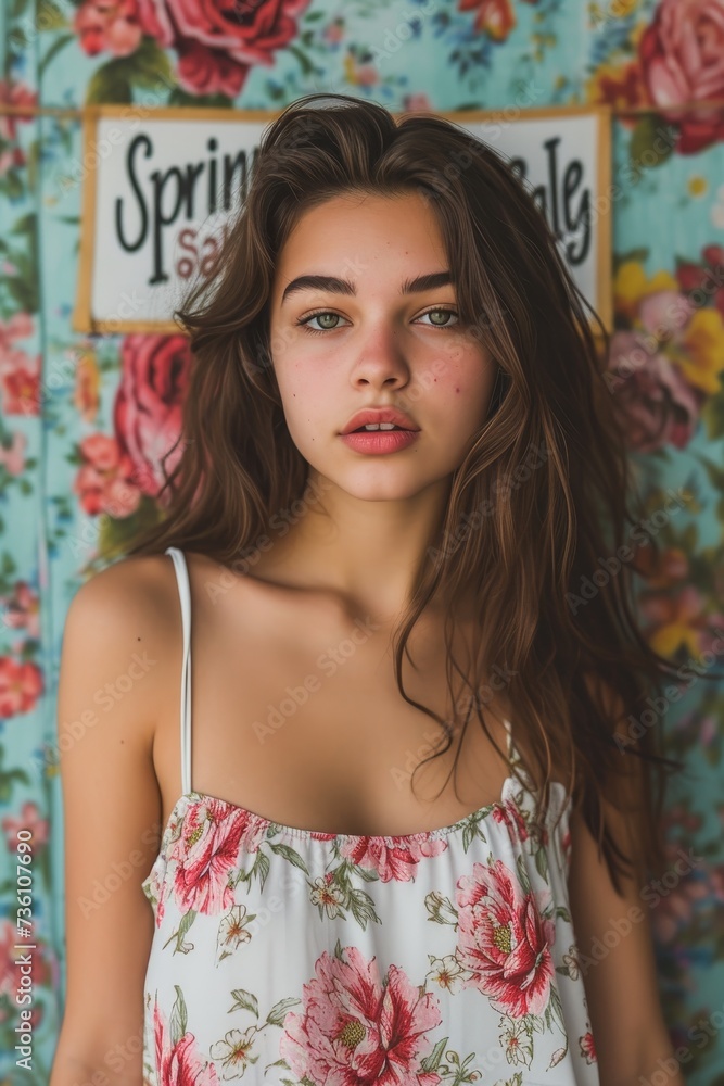 A woman standing confidently in front of a striking floral wall, showcasing the vibrant colors and textures. A woman standing confidently in front of a striking floral wall, showcasing the vibrant colors and textures.