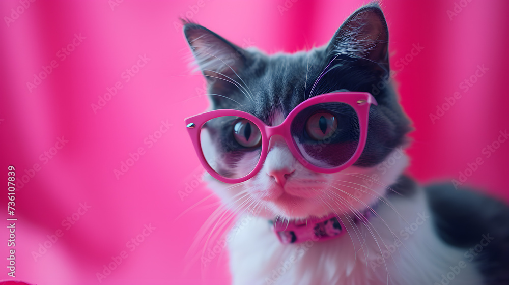 Black and White Cat Wearing Pink Glasses