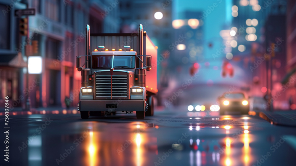 Semi Truck Driving Through City Street at Night