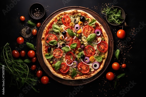 delicious pizza, black background there is free space for text, wallpaper, poster, advertisement, etc