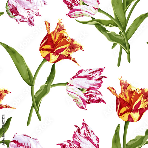 Spring seamless pattern with bright tulips. Stock vector illustration.