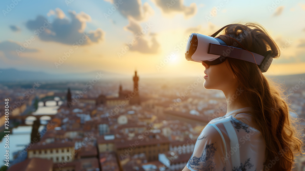Woman Wearing Virtual Reality Headset Overlooking City