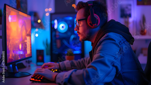 Experienced Video Game Designer Working at Computer With Headphones