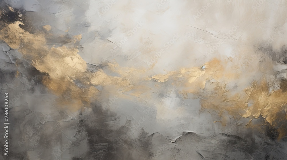 Obraz premium abstract canvas with impasto technique, layering shades of slate and cream, offset by a dark abyss and a flicker of golden light