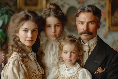 Victorian-era family, formally dressed, in ornate room. Vintage Family Portrait. photo