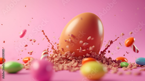 Colorful Easter Egg Surrounded by Candy and Sprinkles on Pink Background